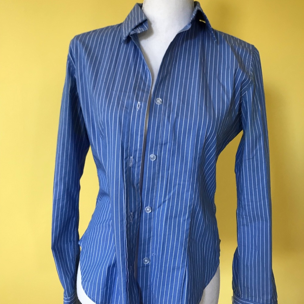 Small blue and white stripped button/up blouse